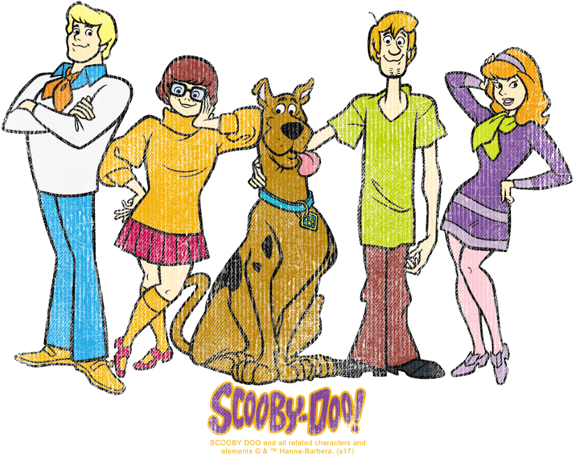 史酷比狗動畫角色 壁紙 — 經典的史酷比卡通團隊在黑色背景前自信地擺出姿勢，帶有1960年代風格的大膽色彩。