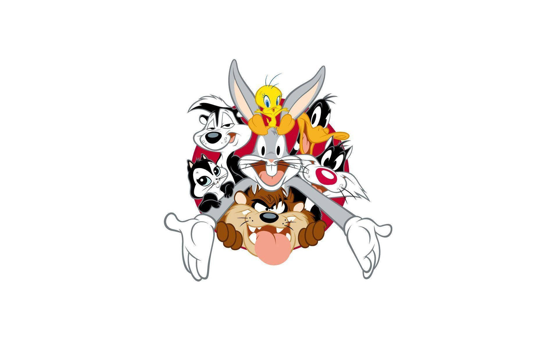 史酷比與樂一通家族 壁紙 — 經典 Looney Tunes 角色如賓尼兔和翠兒鳥在純白色背景前以圓形組合同歡樂地擺姿勢。