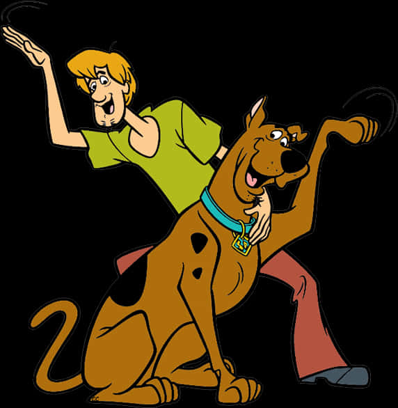 史酷比與沙奇受驚 壁紙 — Scooby Doo 和 Shaggy 以經典卡通姿勢舉起雙臂，背景為黑色。