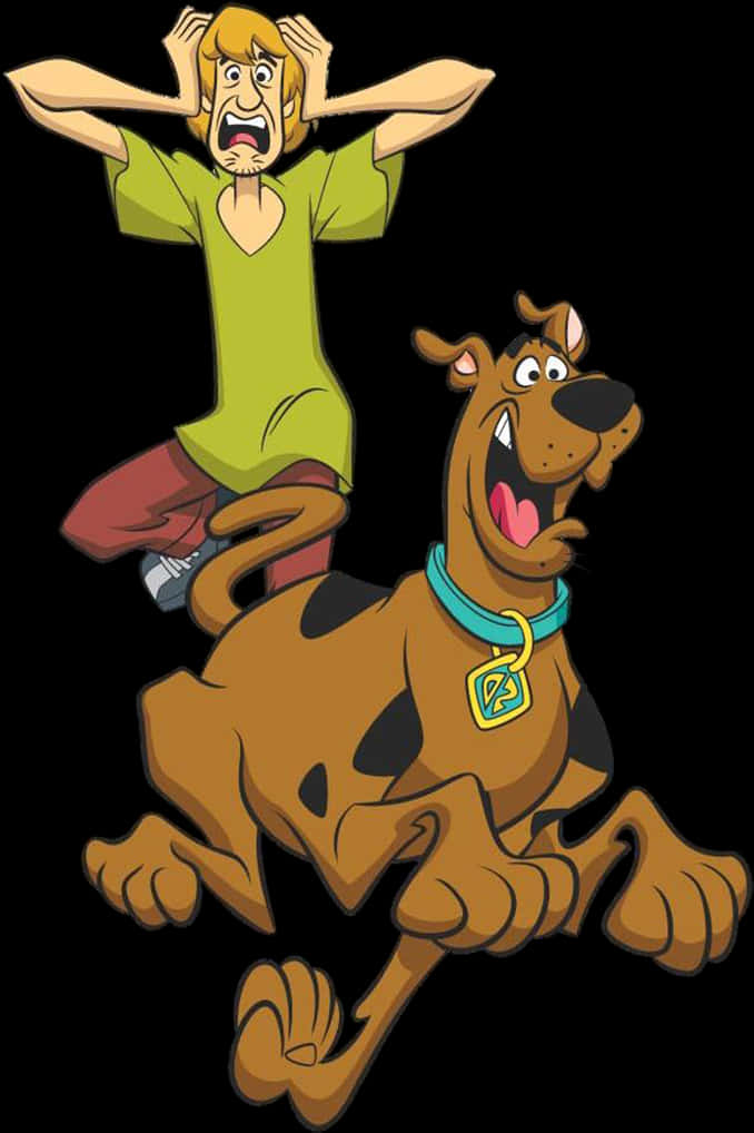 史酷比與沙奇驚慌失措 壁紙 — Scooby Doo 同 Shaggy 驚慌咁跑，Shaggy 掩住耳仔，而 Scooby 就開心咁跳向前。