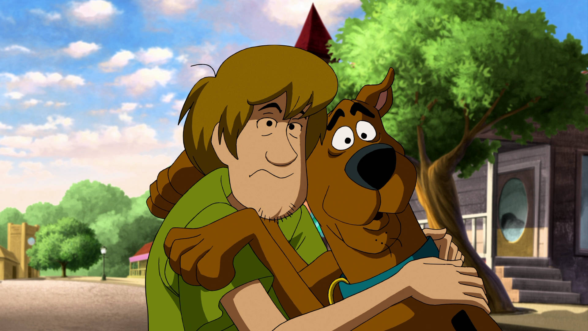 Shaggy 和 Scooby Doo 在陽光明媚的郊區街道上擁抱。
