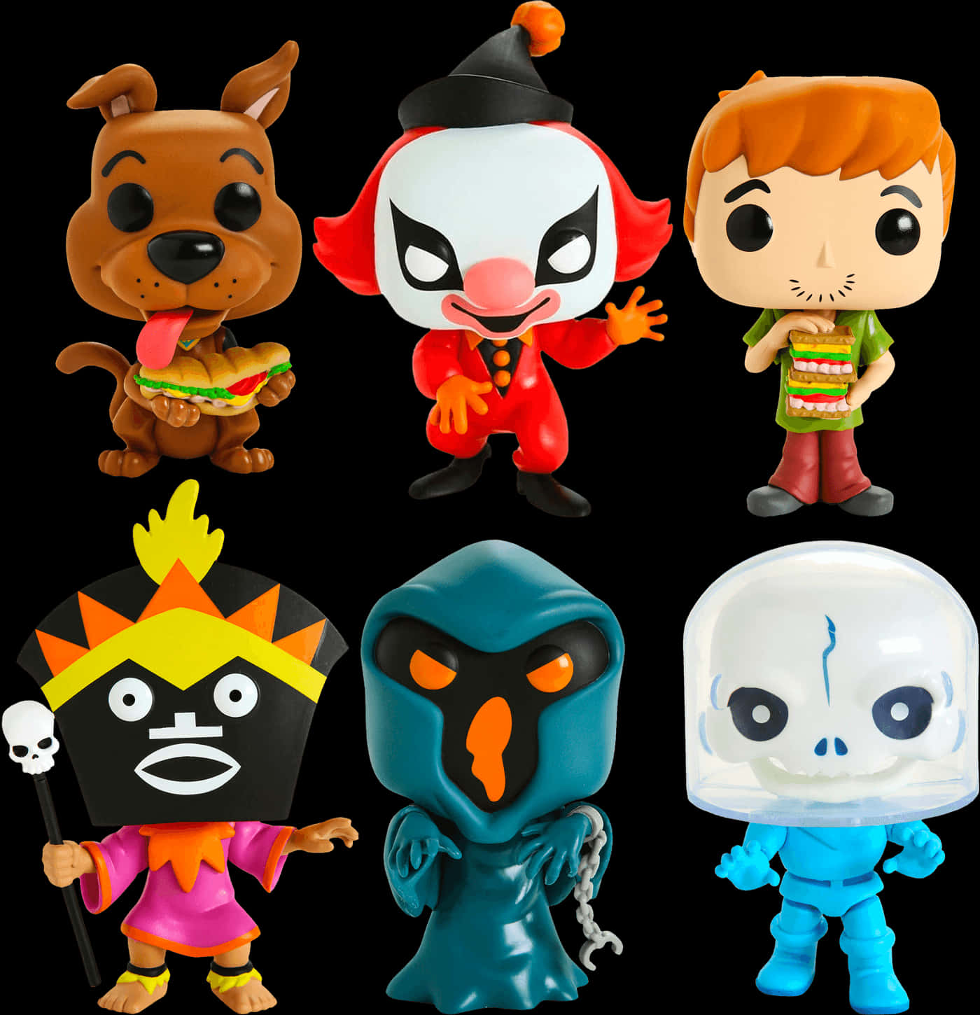 史酷比角色人偶收藏 壁紙 — 六個 Funko Pop! 史酷比角色公仔，手持三文治，背景為黑色。