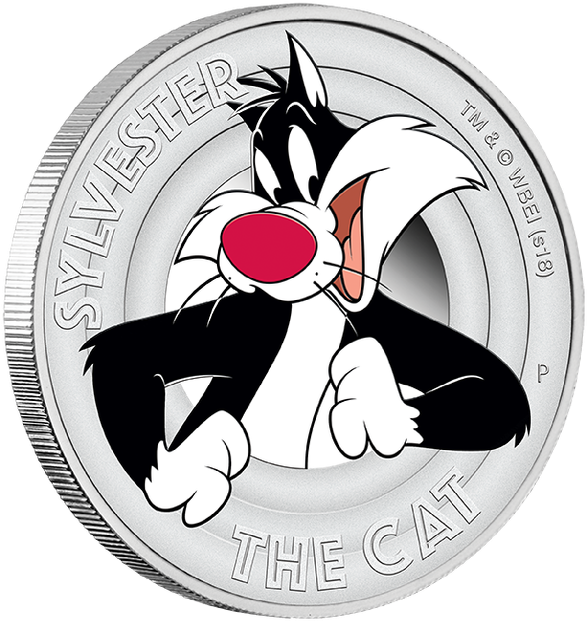 史酷比貓硬幣設計 壁紙 — Sylvester the Cat 卡通角色浮雕在銀幣上，帶有雕刻文字和金屬光澤。