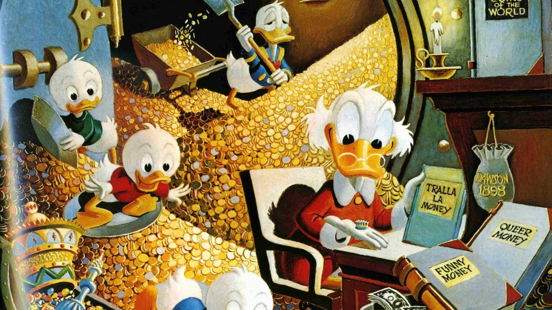 史高治·麥克鄧西與侄子們在金礦山 壁紙 — 鴨子家族在一個豪華的黃金金庫中，史高治·麥克達克坐在辦公桌前，周圍是成堆的錢和寶藏。
