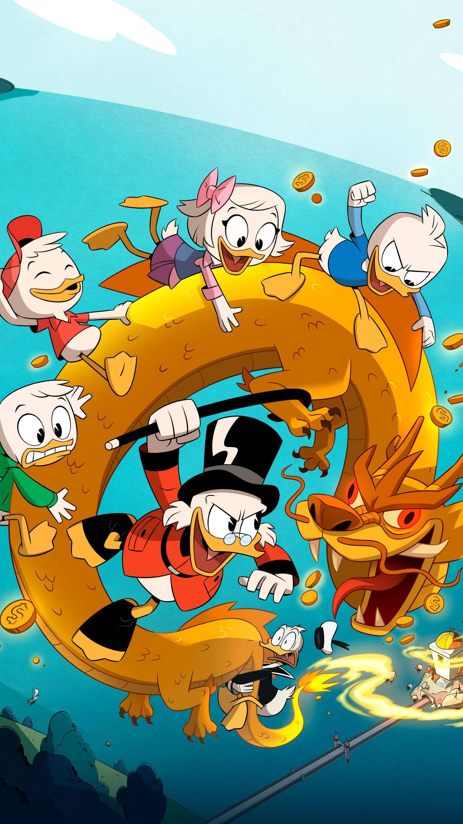 史高治·麥克鴨與孩子們對抗巨龍 壁紙 — DuckTales 嘅夥伴們開心咁騎住一條金龍，喺金幣四處飛舞嘅明亮藍天中奔馳。