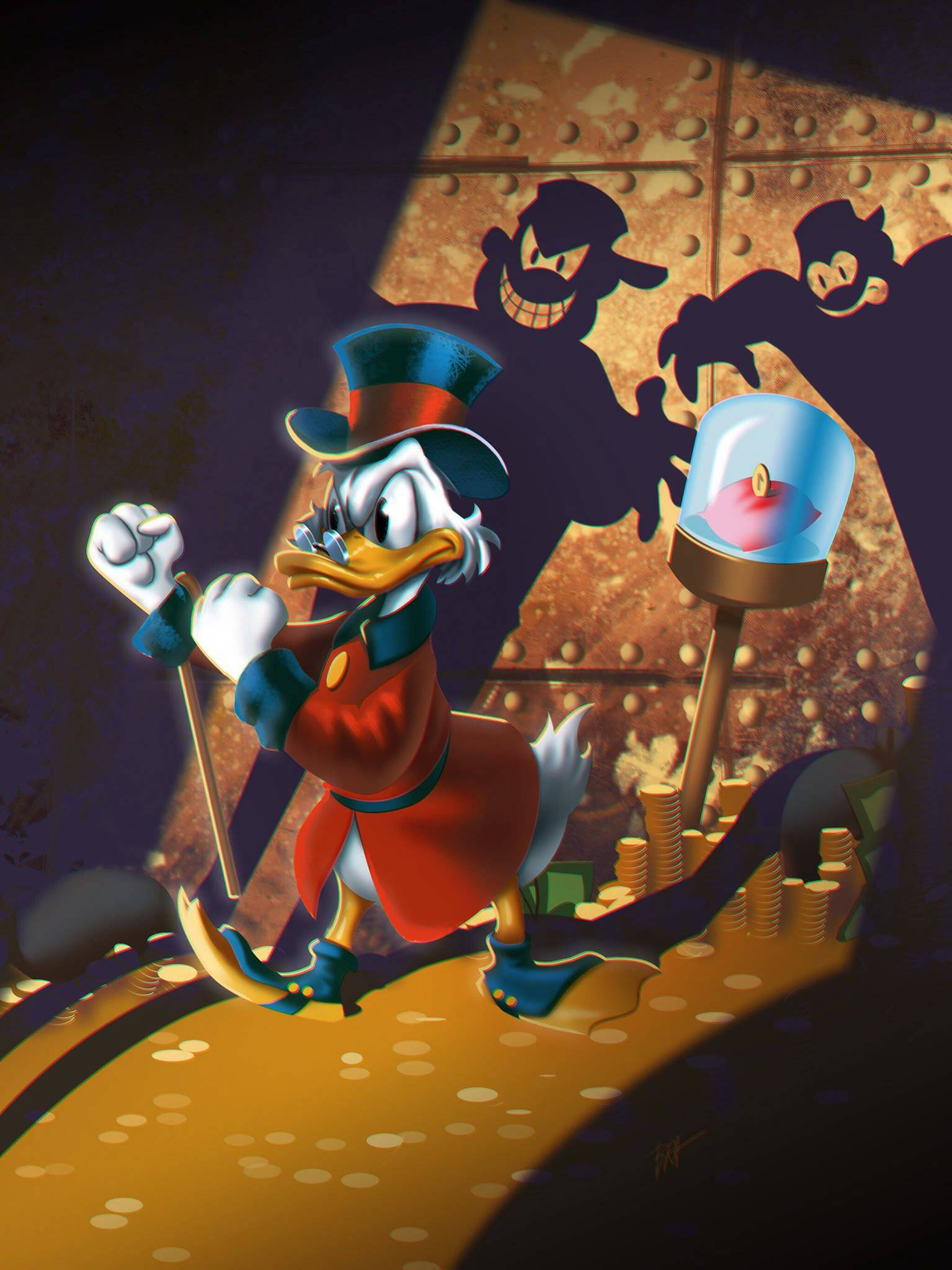 史高治·麥克鴨防衛財寶 壁紙 — DuckTales 史高治·麥克德克勝利地站在一堆金幣上，身後有威脅性的陰影，附近有一個發光的寶箱。