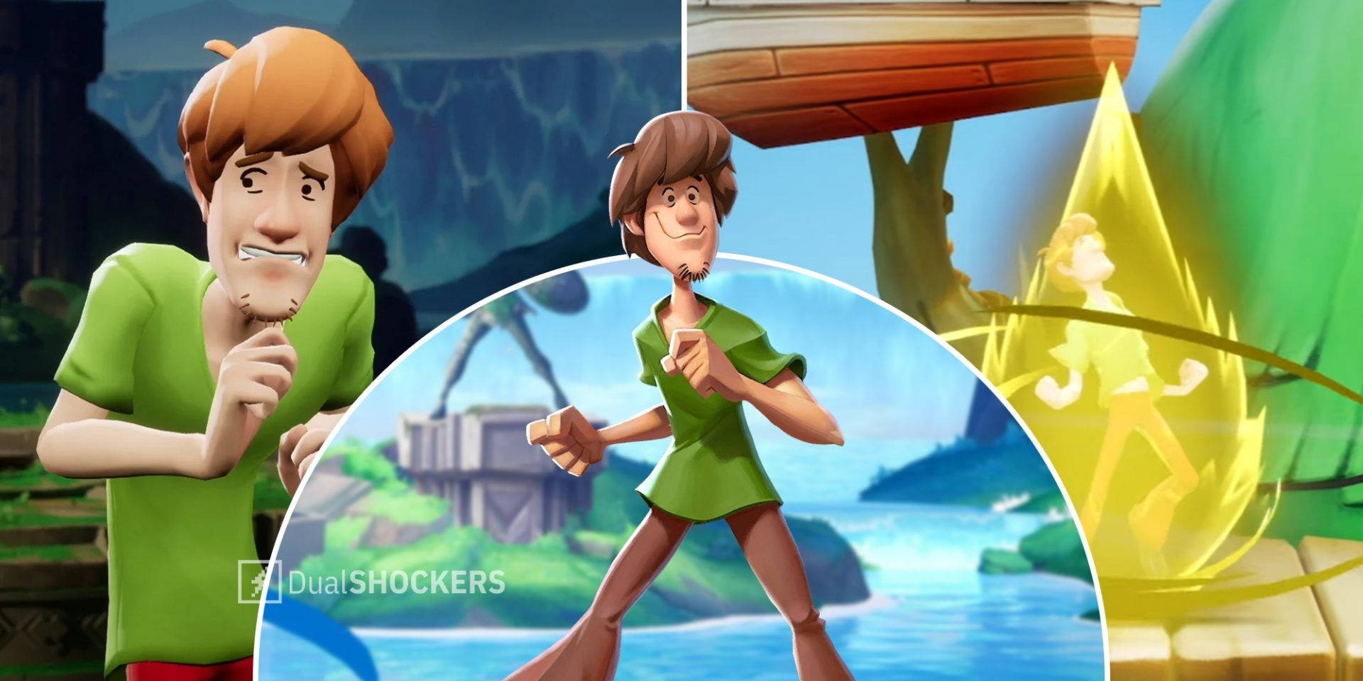 Scooby Doo 和 Shaggy 在動畫遊戲場景中，伴隨著幽靈般的人物和充滿活力的叢林設定。