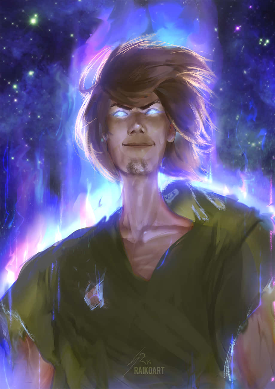 動漫風格的男子，擁有發光眼睛，背景是宇宙星雲。