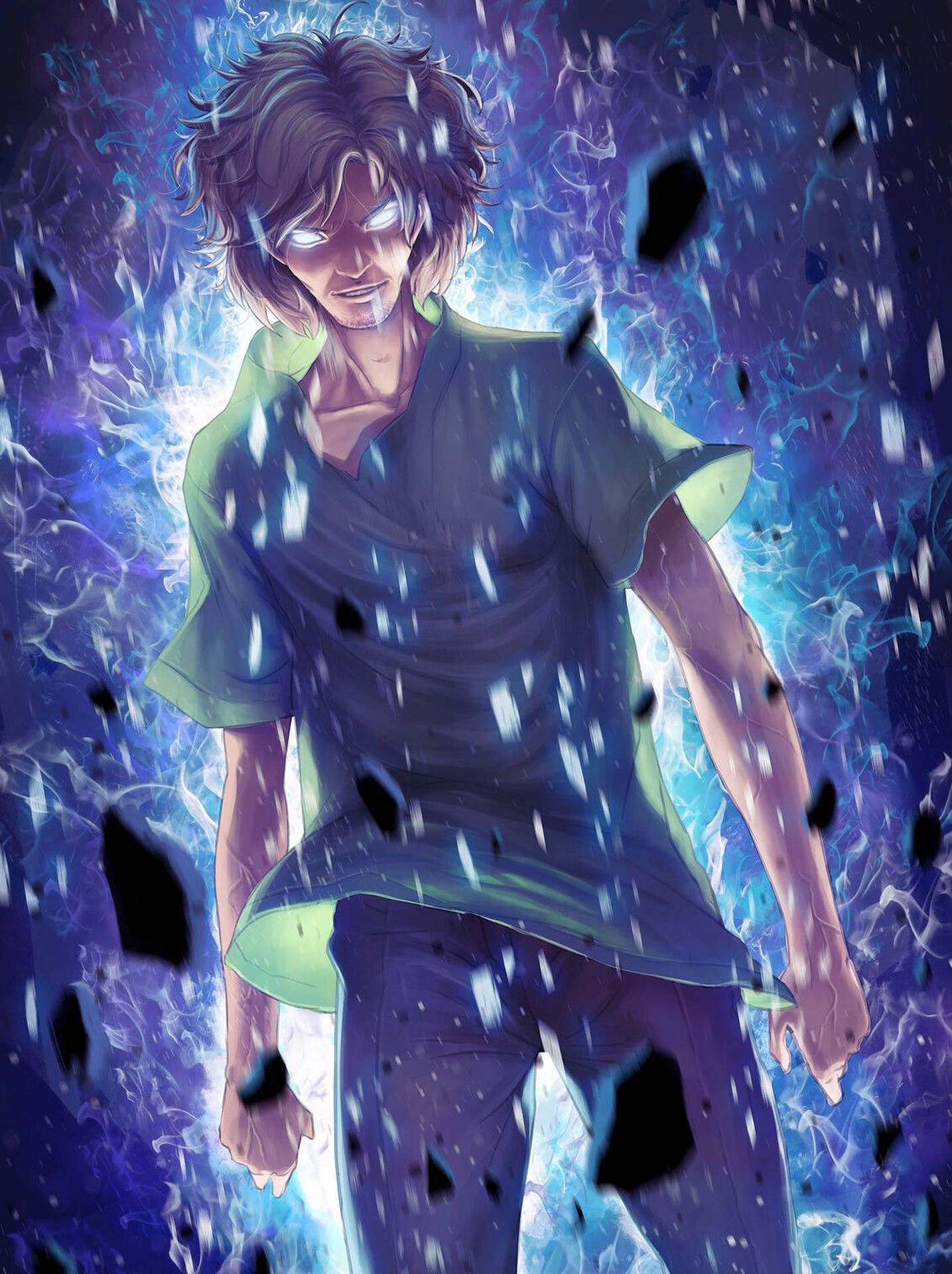 動漫男子，眼睛發光，被藍色能量和漂浮的黑色碎片包圍。