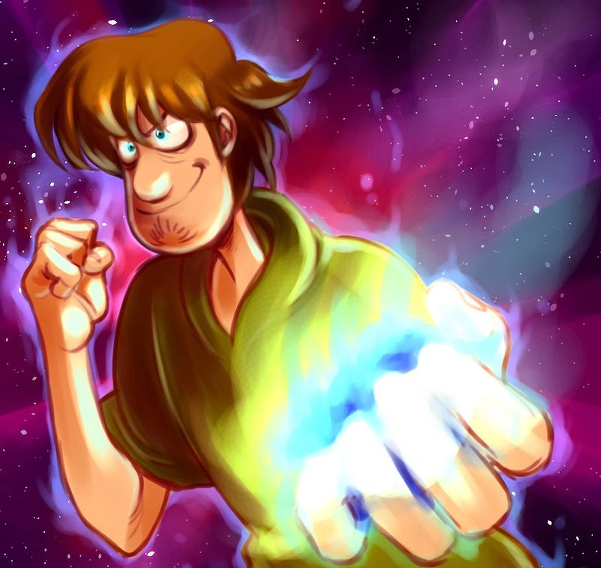 卡通男人在太空中產生發光的藍色能量