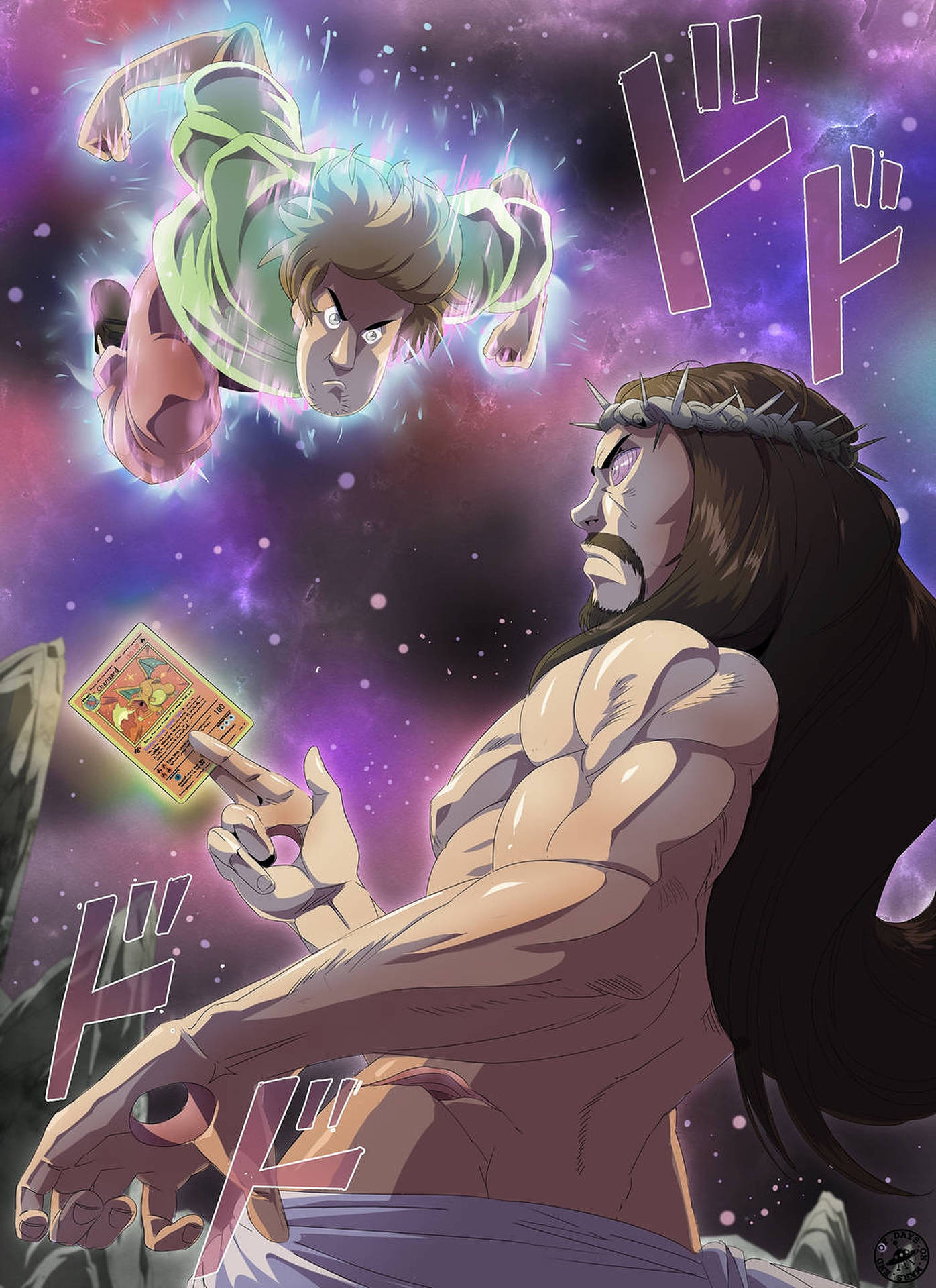戴荊棘冠冕的動漫戰士手持發光卡牌，面對漂浮對手進行宇宙戰鬥。