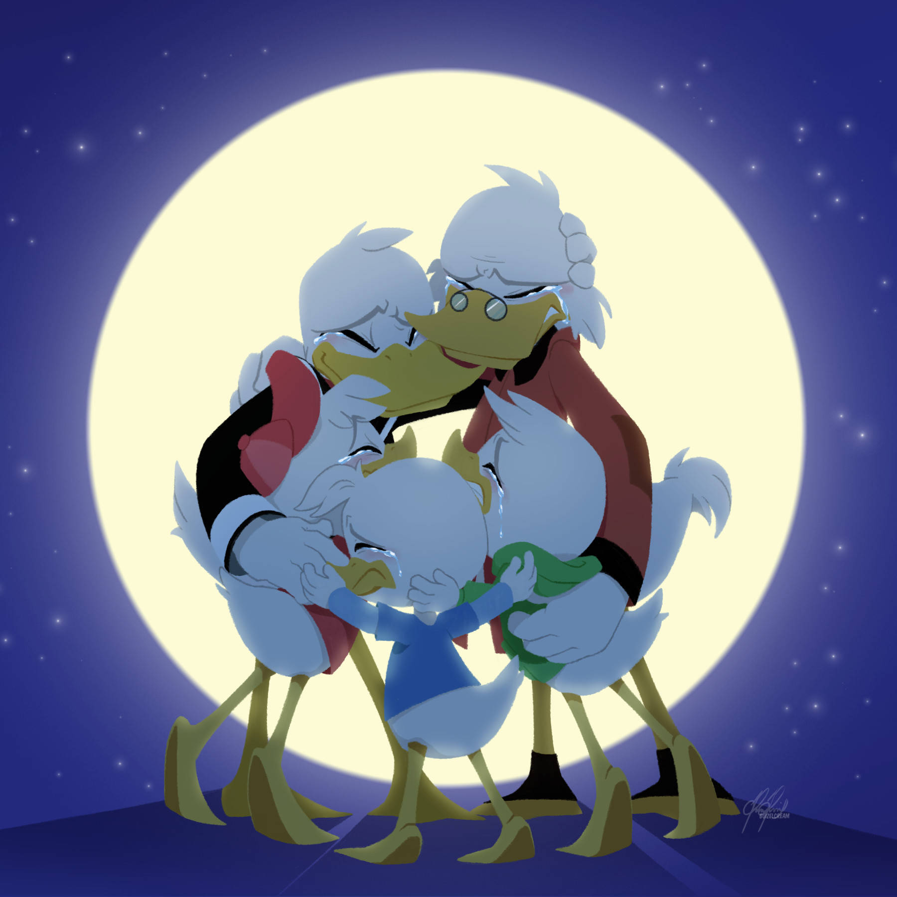 史高治麥克鄧克一家月夜團聚 壁紙 — 三隻動畫鴨子在繁星點點的夜空下，於一輪明亮的滿月下溫暖地擁抱。