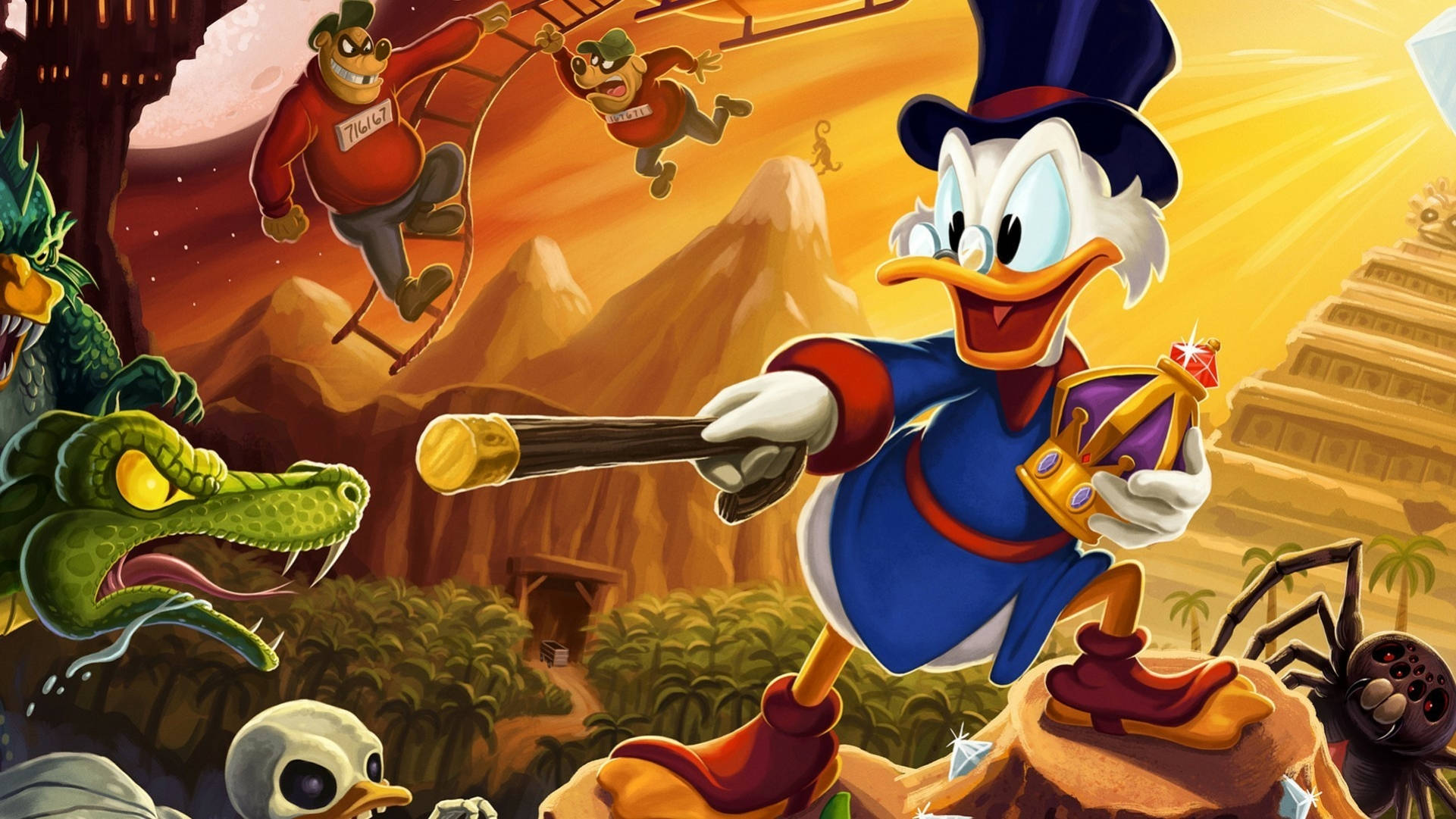 史高治麥克鄧克守護寶藏 壁紙 — DuckTales 冒險家史高治·麥克德克在叢林神廟中勝利地站著，手持寶箱和手杖，猴子盪來盪去，鱷魚潛伏。