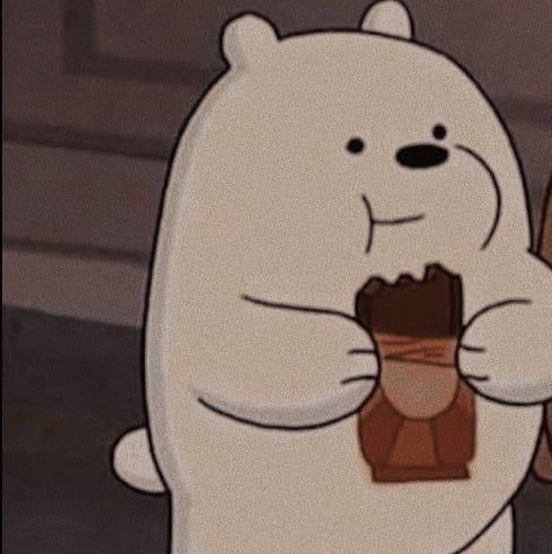 吃巧克力的冰熊頭像 壁紙 — 一隻卡通白熊正開心咀嚼朱古力條，露出滿足的表情。