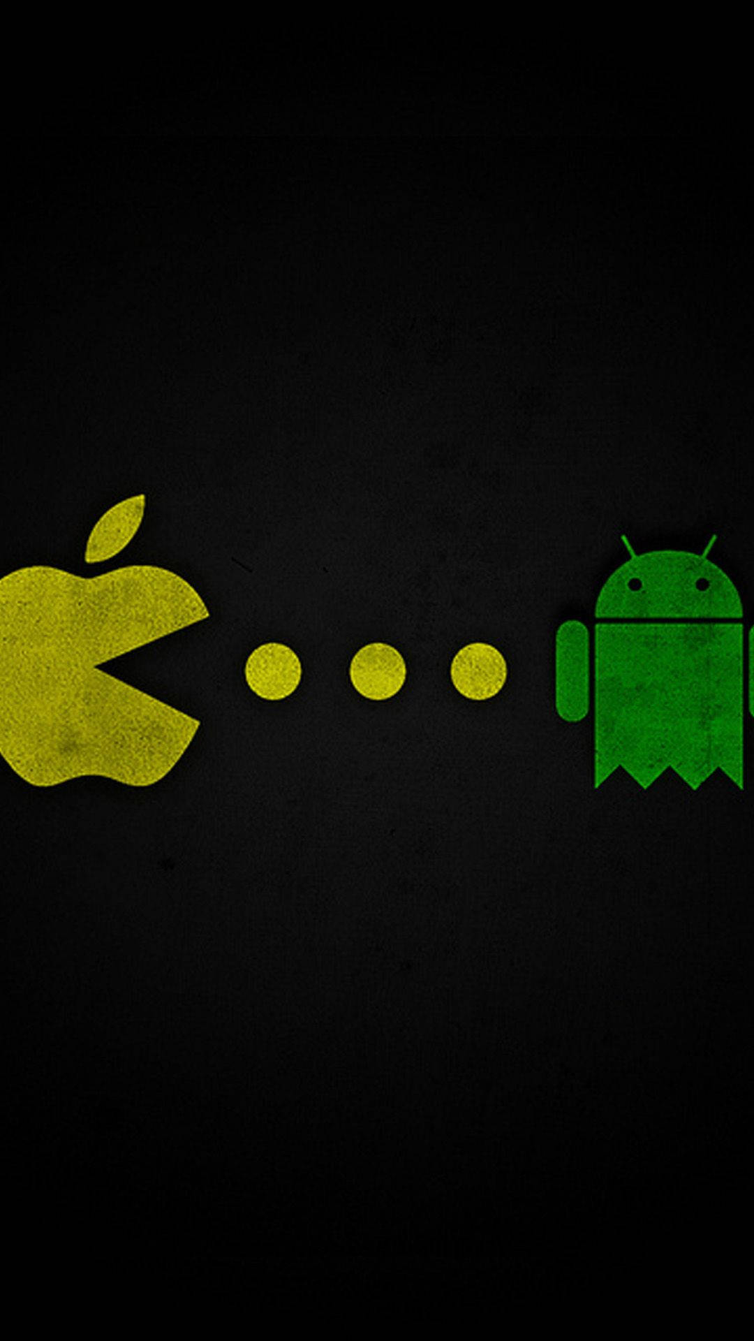黃色Apple標誌追住綠色Android機械人，有黑背景同點