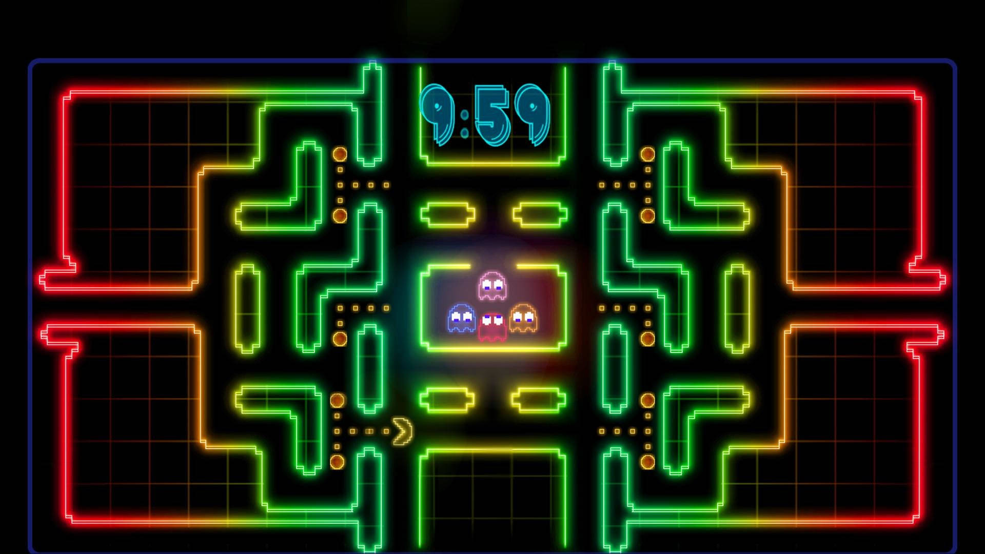霓虹 Pac-Man 遊戲板，鬼魂和計時器明亮發光。