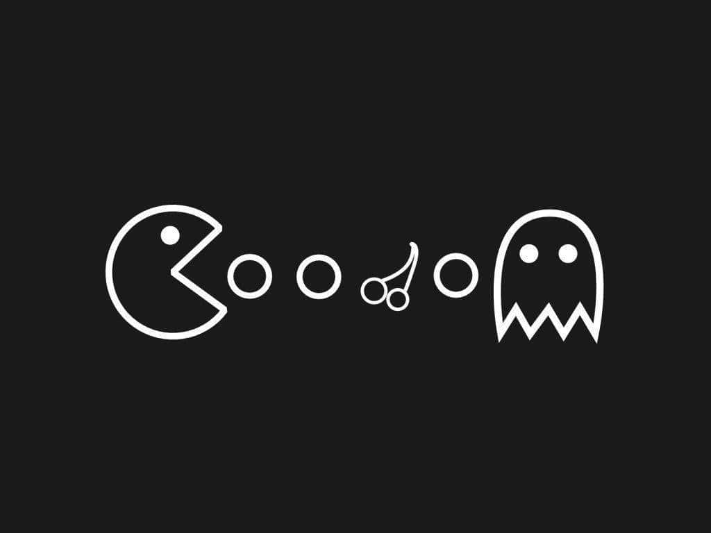 Pacman 在黑色背景上以極簡白色線條藝術追逐鬼魂。