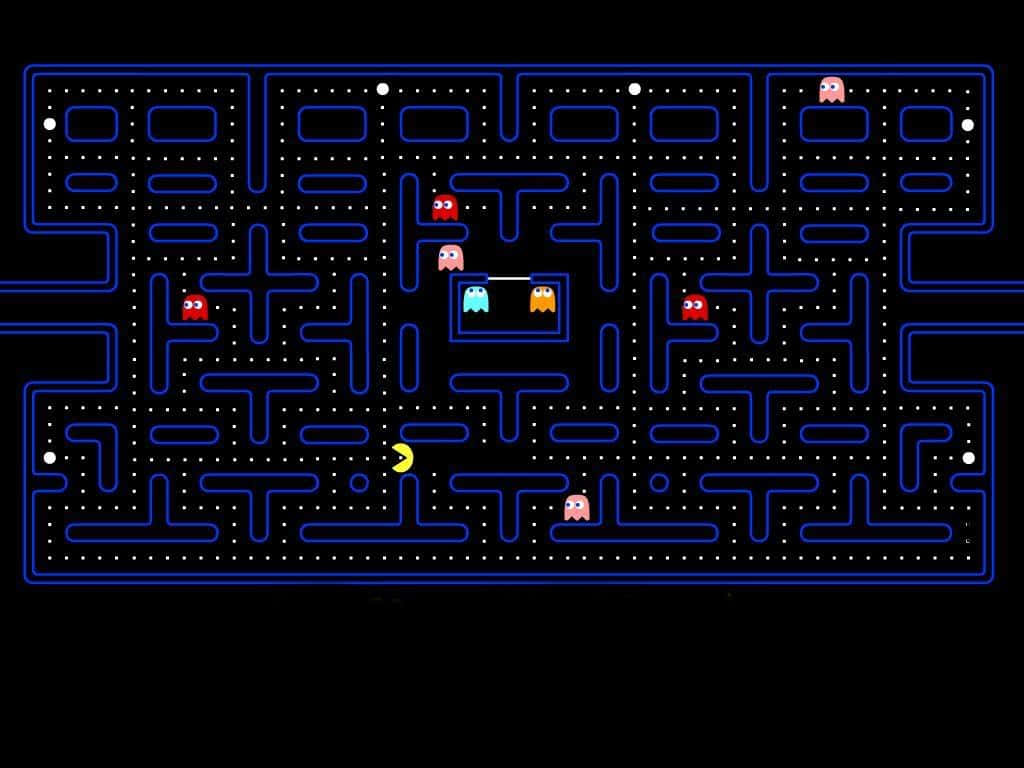 Pacman 在復古電子遊戲迷宮中追逐鬼魂。