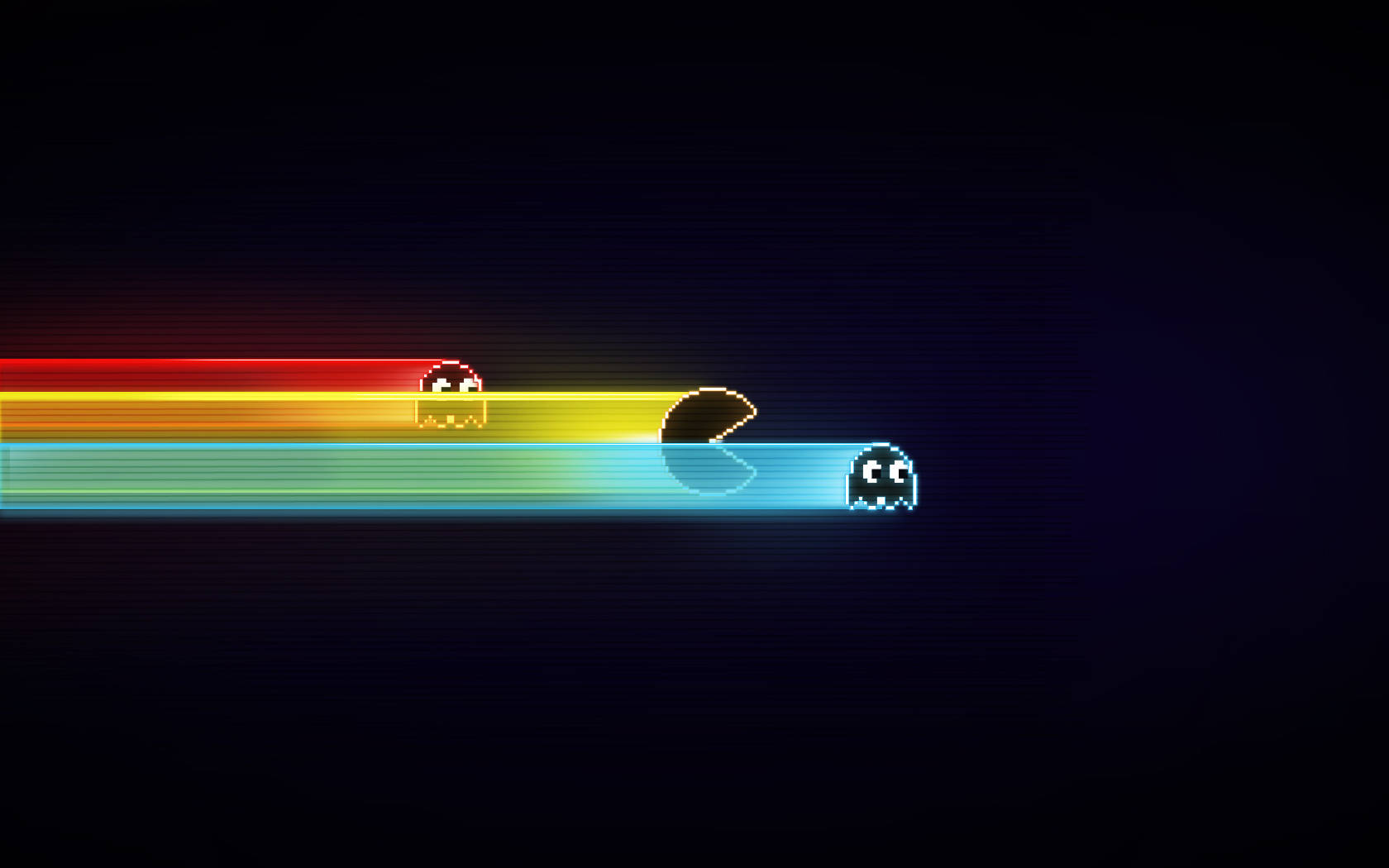 像素化的 Pacman 和鬼魂在黑暗空間中的彩虹軌道上競速。