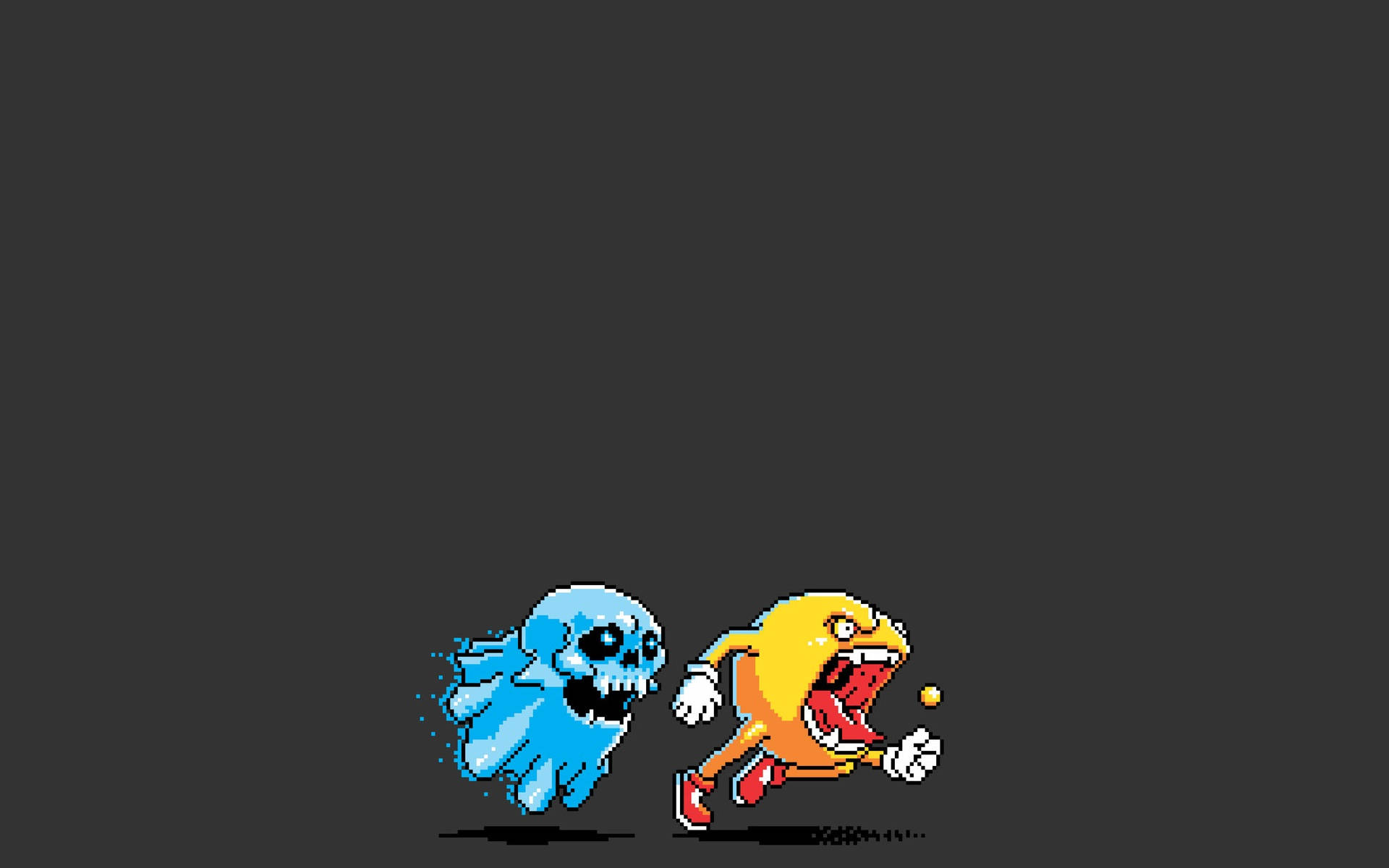 Pacman 以像素化復古遊戲風格從藍色鬼魂逃跑。 — 幽靈 壁紙