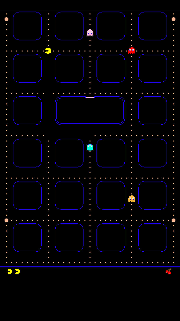 復古 Pacman 遊戲畫面，網格上有黃色角色和四個鬼魂。 — 主螢幕 壁紙