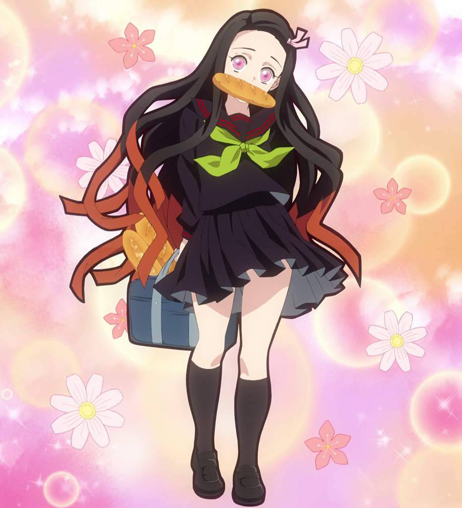 吃麵包的鬼滅之刃祢豆子 壁紙 — 長黑髮粉紅眼動漫少女咬著麵包卷，手持一袋麵包，背景是閃爍的粉彩花卉圖案。
