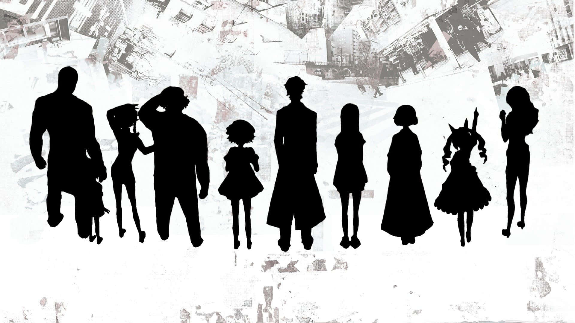 Steins Gate 桌布 壁紙 — 各種動漫角色的黑色剪影，以褪色城市照片拼貼為背景。