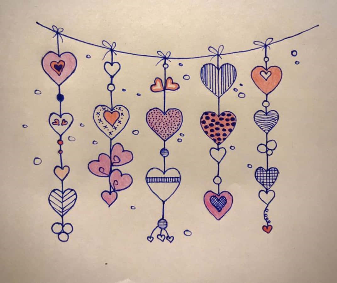 Heart Doodle 桌布 壁紙 — 各種圖案和顏色的手繪心形掛在繩子上，像一個奇特的掛飾，背景是米色。