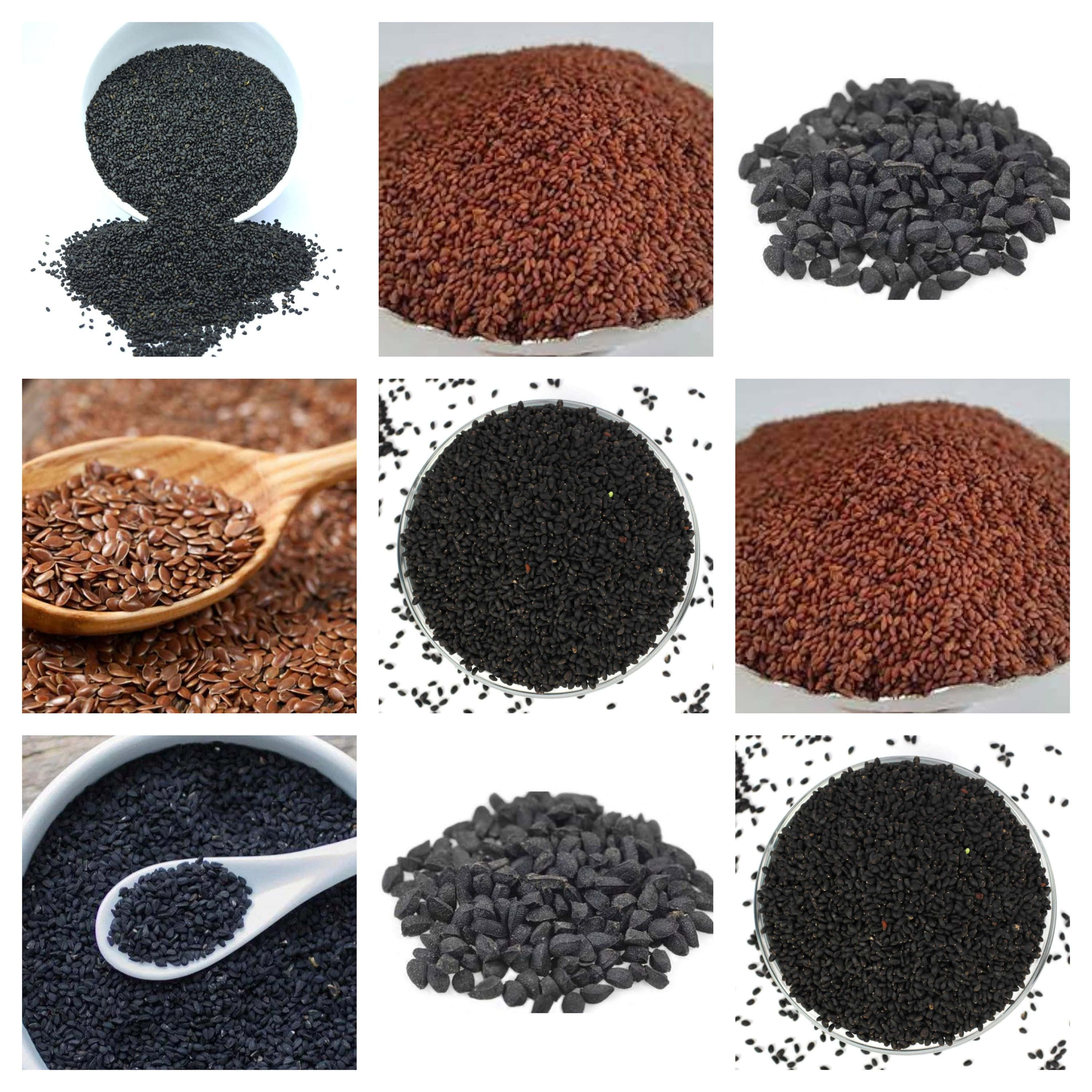 Black Cumin 桌布 壁紙 — 各種種子的拼貼畫，包括黑芝麻、亞麻籽和紅色種子，展示在碗、勺子和堆中，背景為白色。