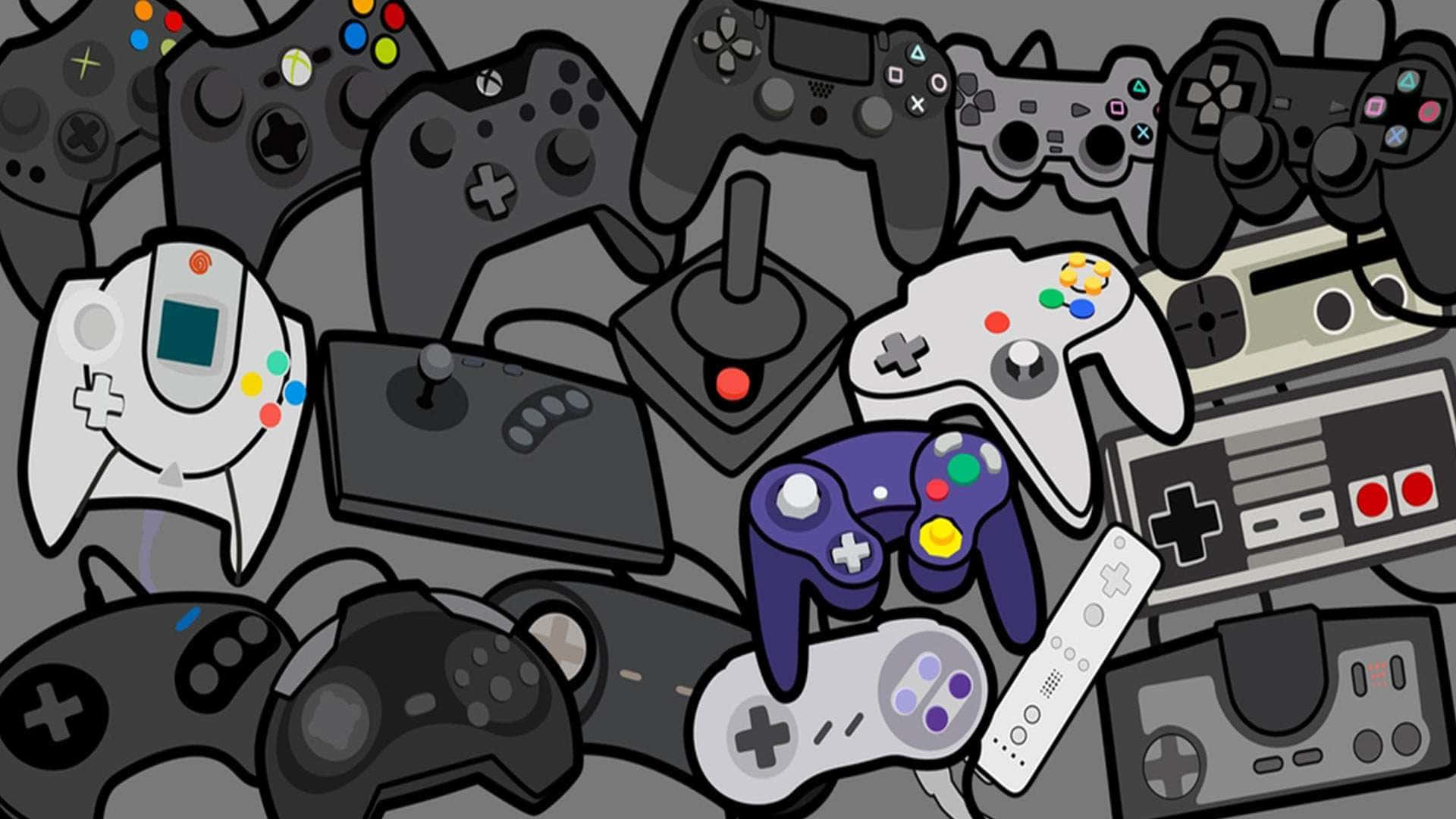 Retro Gaming 桌布 壁紙 — 各種經典和現代電子遊戲控制器堆疊在一起的彩色卡通插圖。