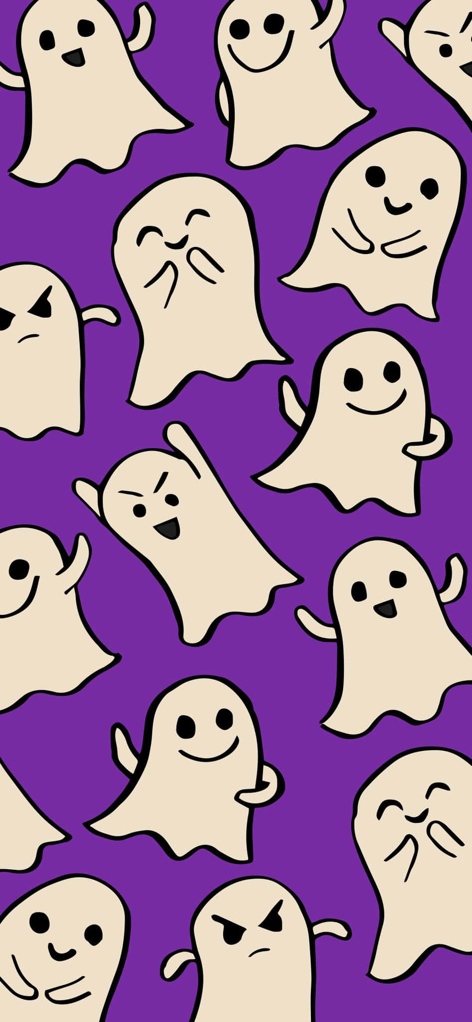 Halloween Phone 桌布 壁紙 — 各種表情嘅頑皮卡通鬼魂喺充滿活力嘅紫色背景上以重複圖案漂浮。