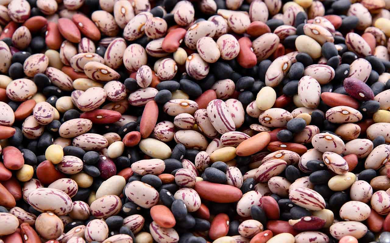 beans 桌布 壁紙 — 各種豆類的鮮豔特寫，帶有紅色、黑色、白色和米色色調的斑點圖案。