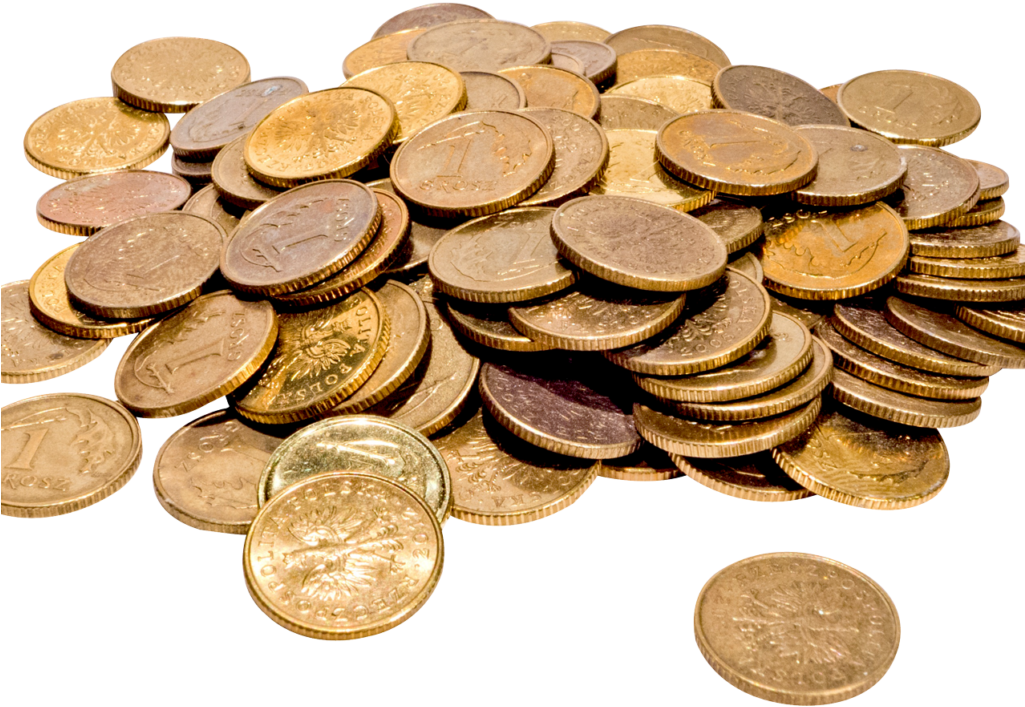 各類金幣堆疊 壁紙 — 一堆帶有精細雕刻的金幣散落在純黑色背景上。