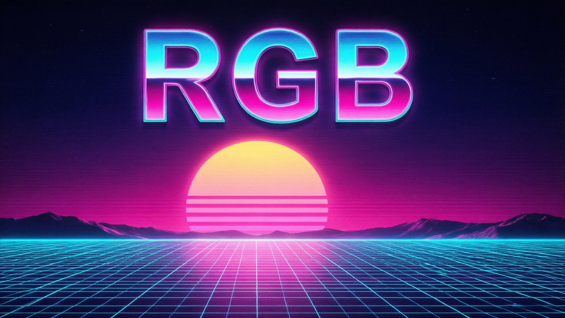 日落時分的霓虹網格景觀，帶有RGB文字和條紋太陽。