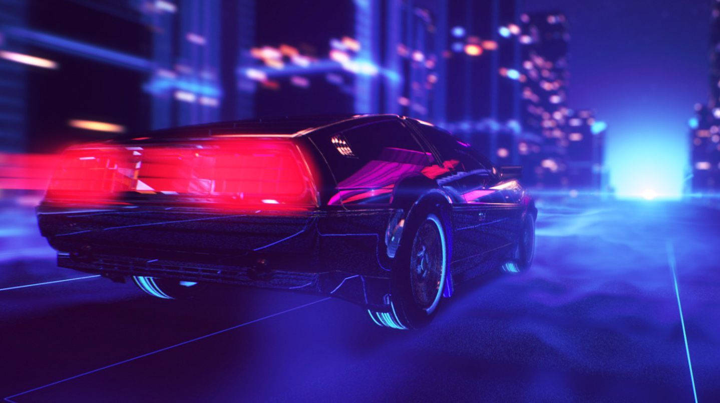 黑色跑車在夜晚的霓虹燈街道上疾馳。
