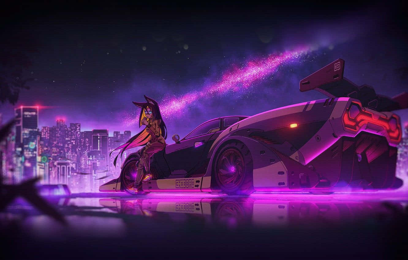 夜晚霓虹城市中發光跑車旁的動漫女孩