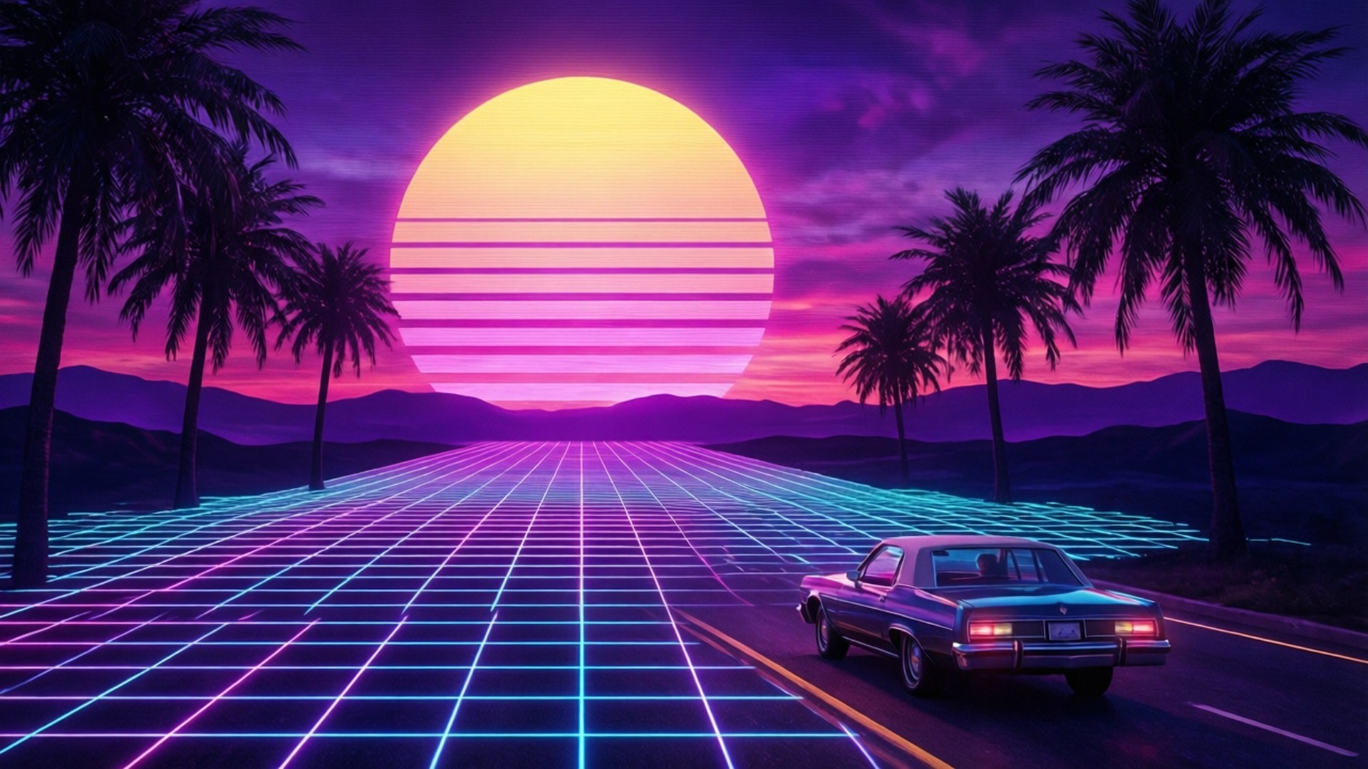 一輛復古汽車在發光的網格道路上，背景是充滿活力的日落和棕櫚樹。