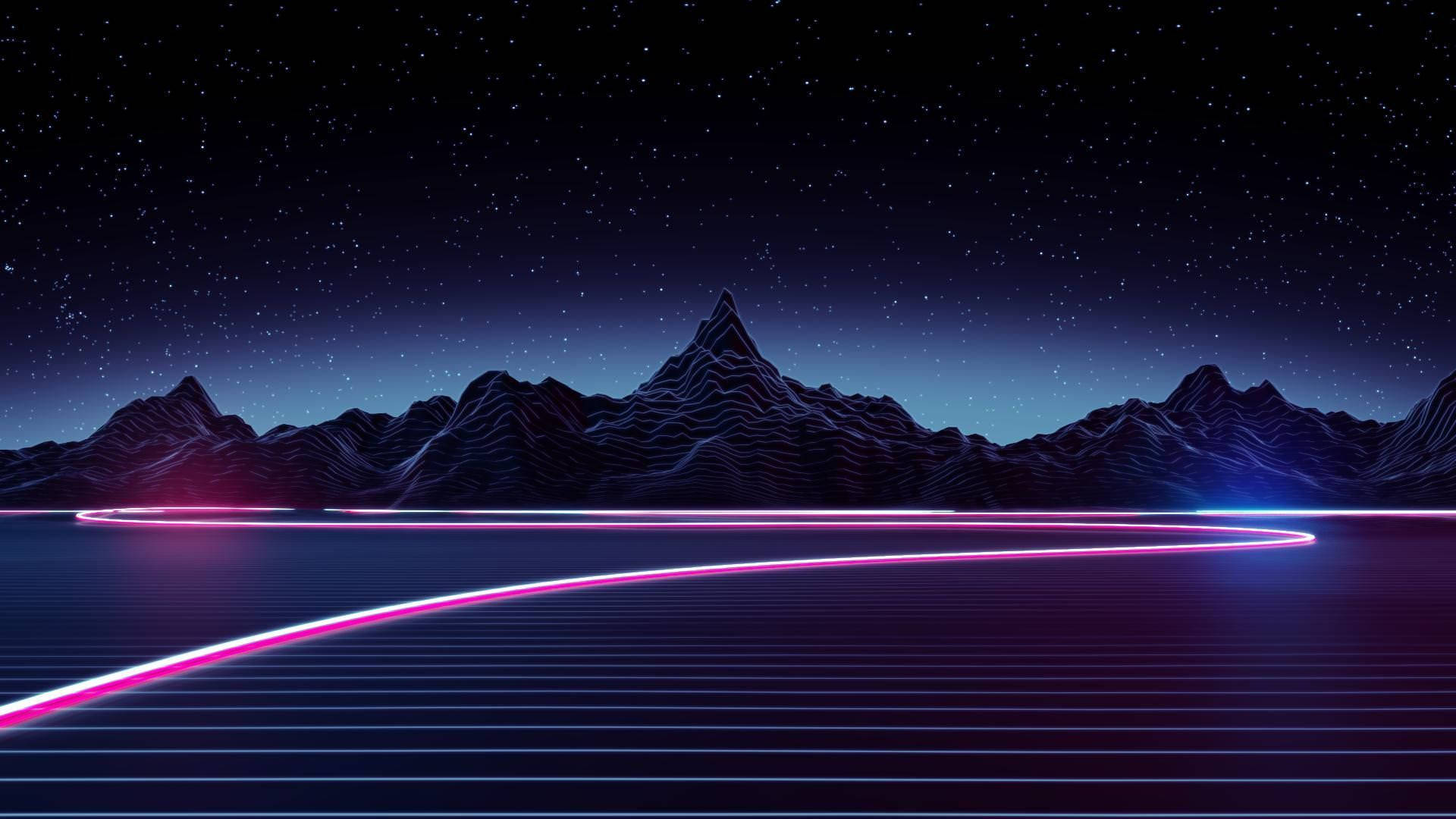 霓虹發光線條在星空夜空下，有山脈，彎曲穿過數位網格。