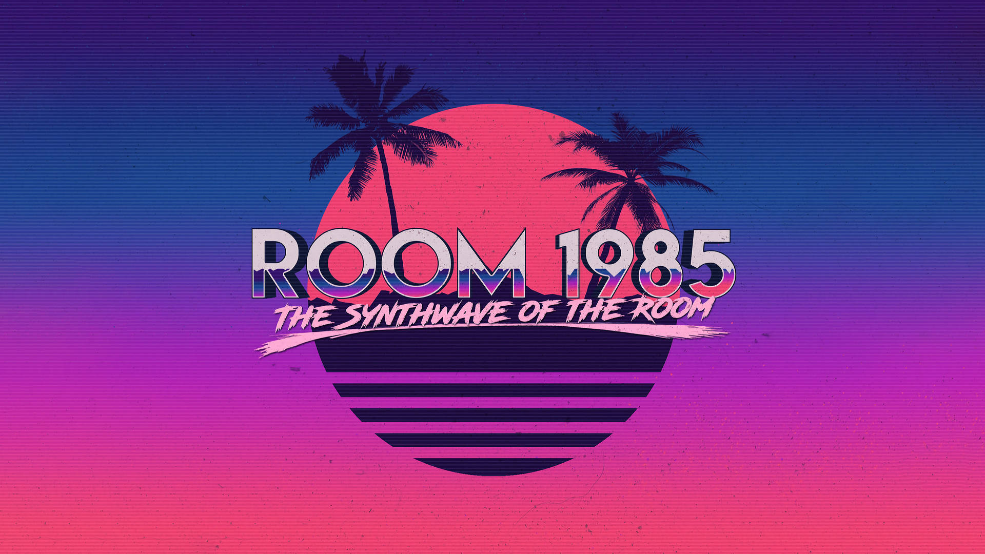 Room 1985 的合成波標誌，帶有棕櫚樹和日落漸變背景。