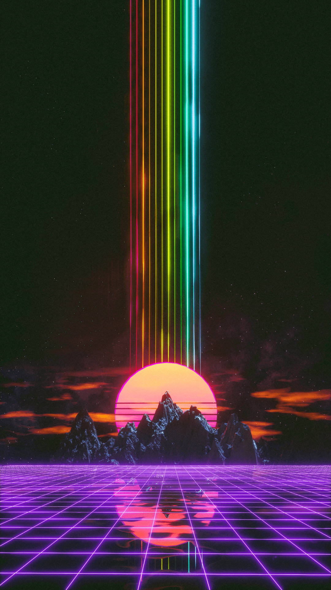 霓虹光束從發光的太陽降下，落在紫色網格和山脈上，夜晚景色。
