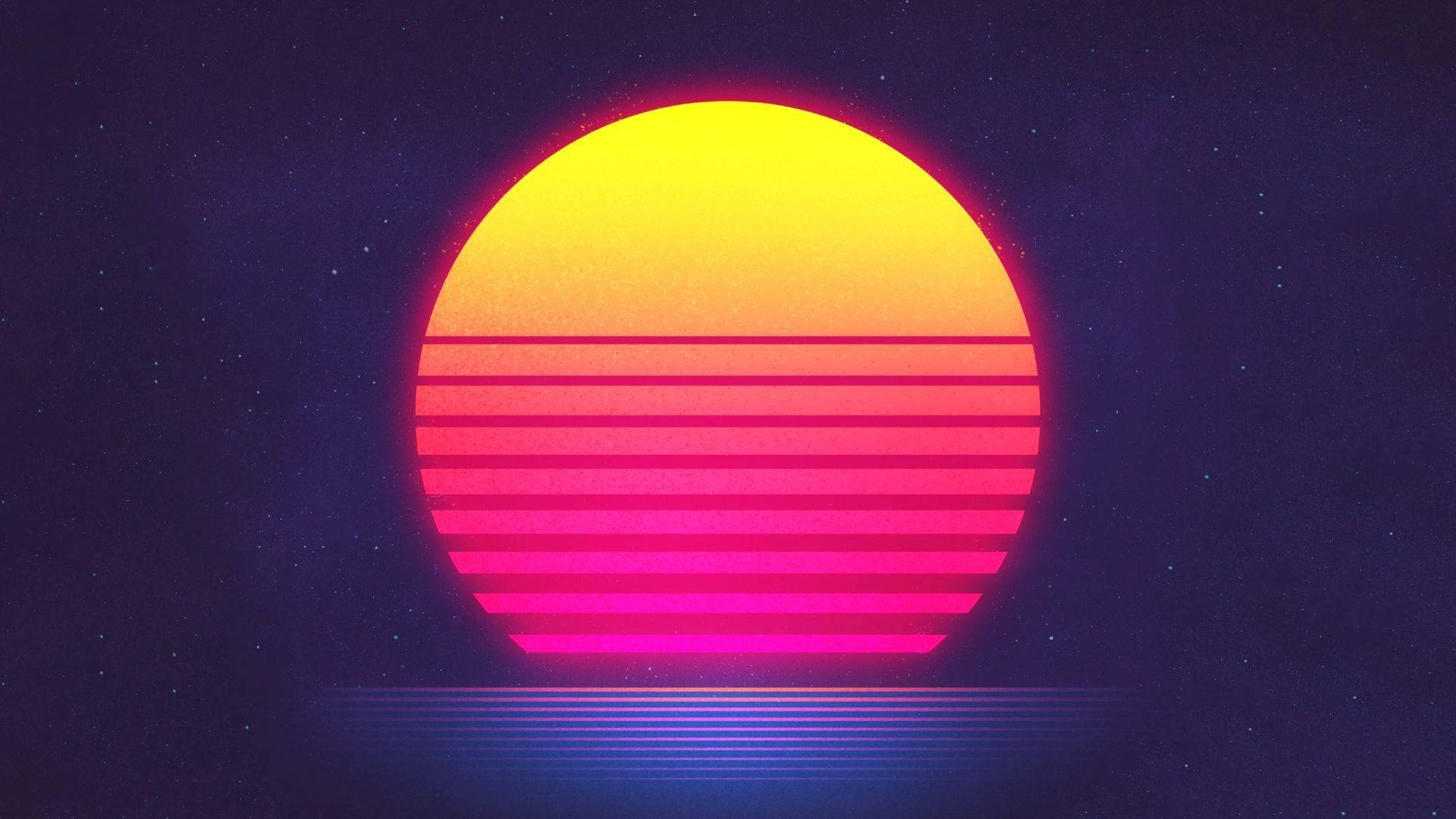 一個風格化的復古太陽，帶有水平條紋，在星空夜空中發光。