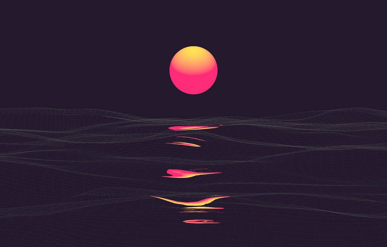 夜晚，一顆發光的太陽反射在黑暗的網格景觀上。
