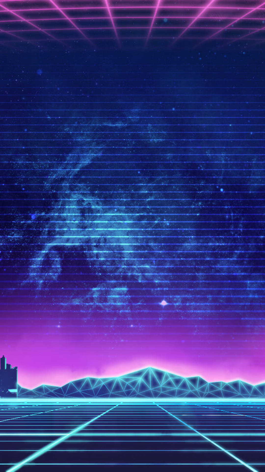 霓虹網格線在星空紫色和藍色天空下延伸向發光的山脈。