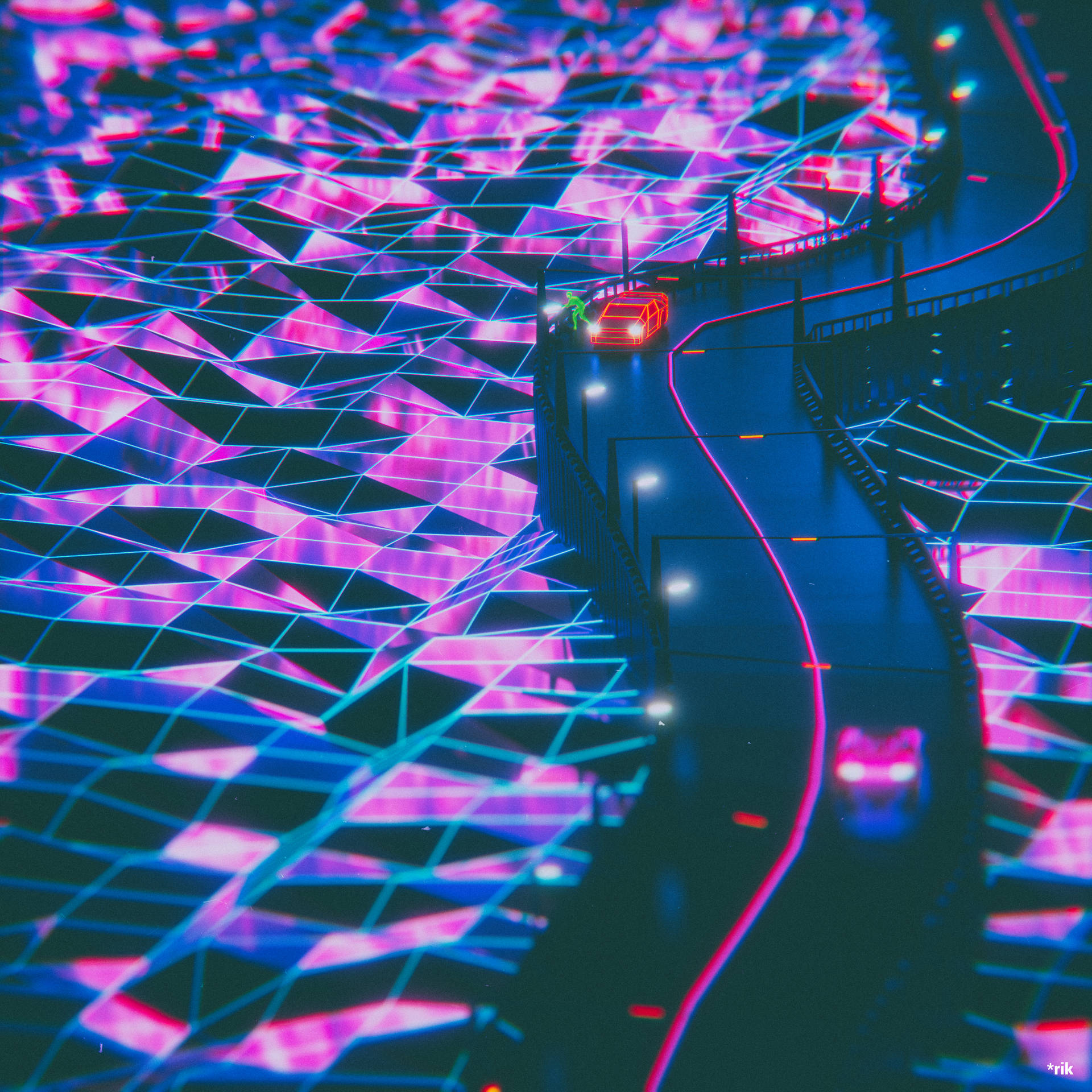 夜晚，幾何光圖案表面上有發光汽車的霓虹燈道路。