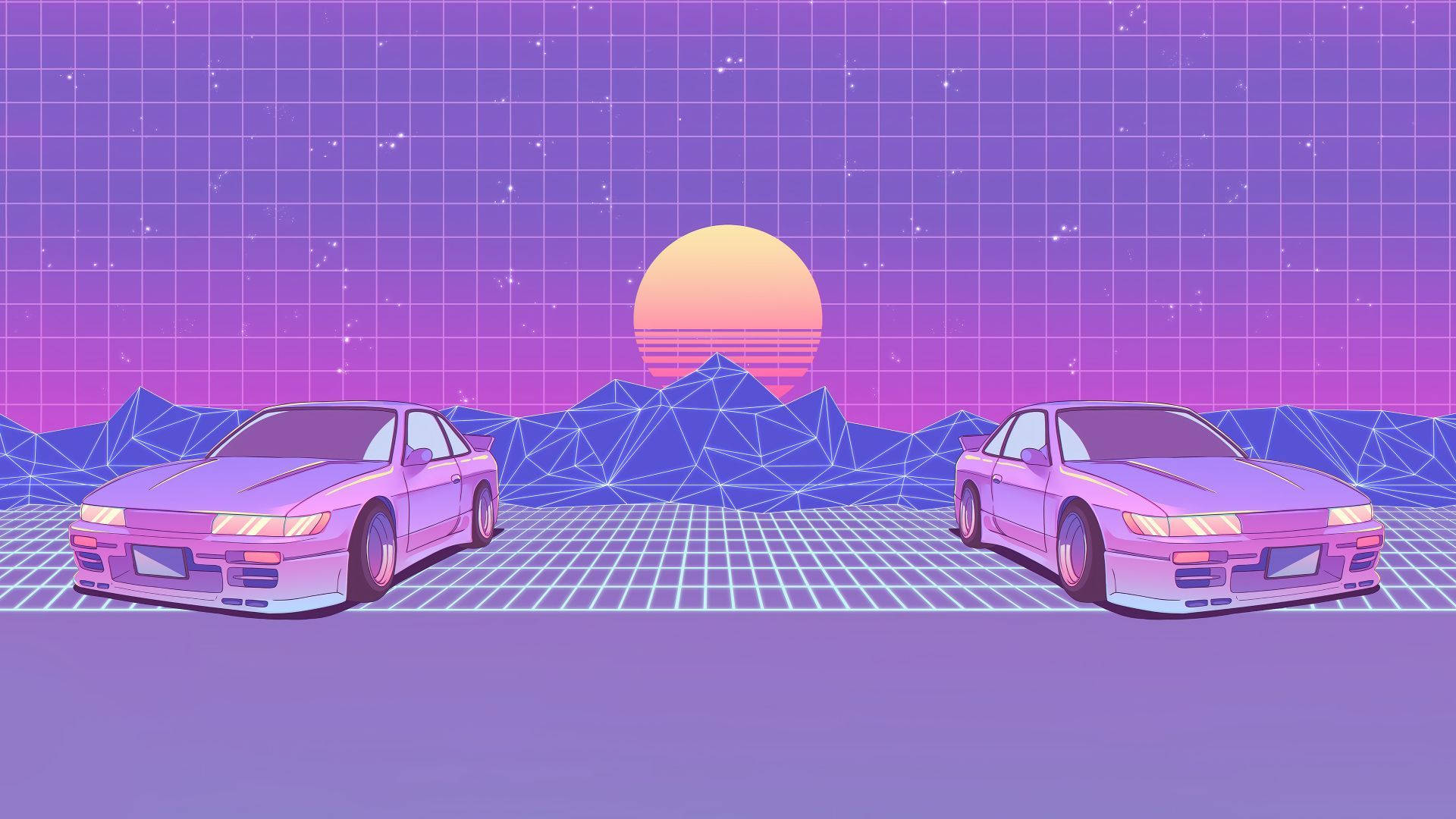 兩輛復古跑車在發光的網格上，背景是紫色日落和幾何山脈。