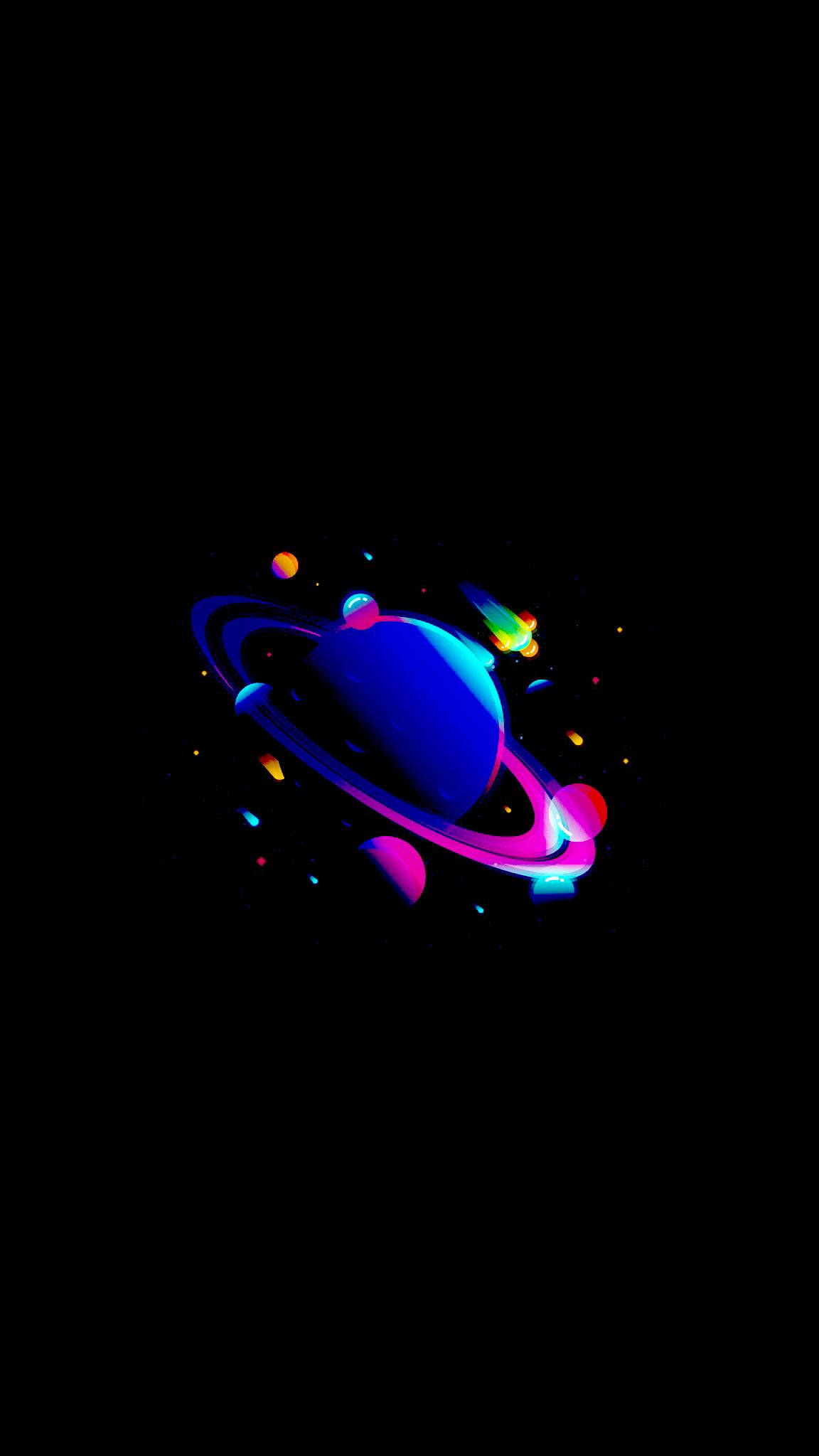 合成波風格行星太空手機壁紙 壁紙 — 一顆充滿活力的發光行星，帶有彩色環和漂浮球體，背景是黑色虛空。