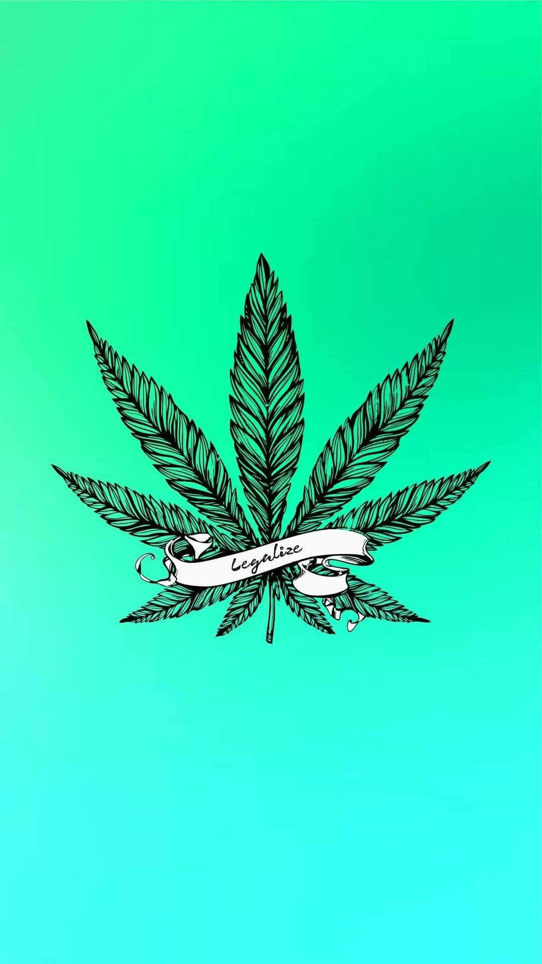 一個大麻葉插圖，帶有 legalize 橫幅，背景是綠色到青色漸變。
