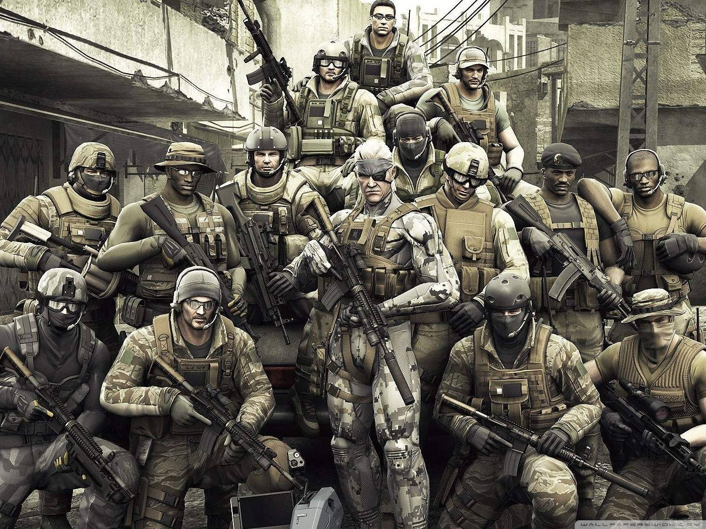 一群身穿城市作戰裝備的武裝士兵在戰火摧殘的小巷中擺姿勢。