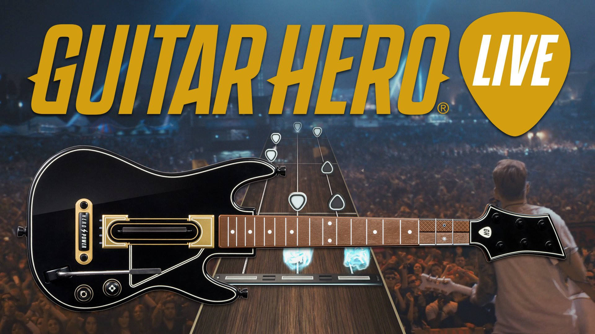 Guitar Hero Live遊戲封面，顯示結他在音樂會人群上方。