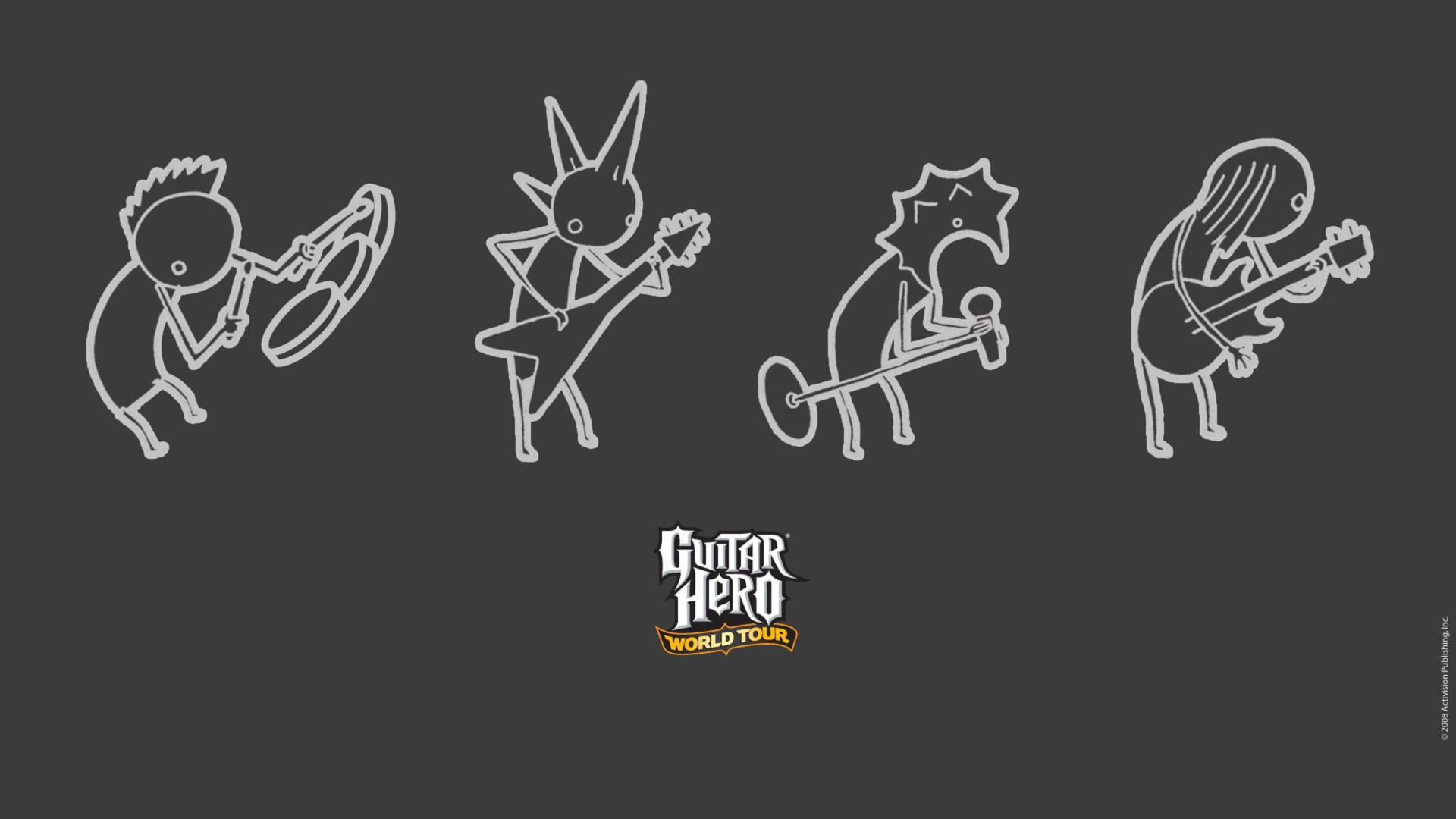 四個火柴人在 Guitar Hero World Tour 遊戲藝術中演奏樂器。